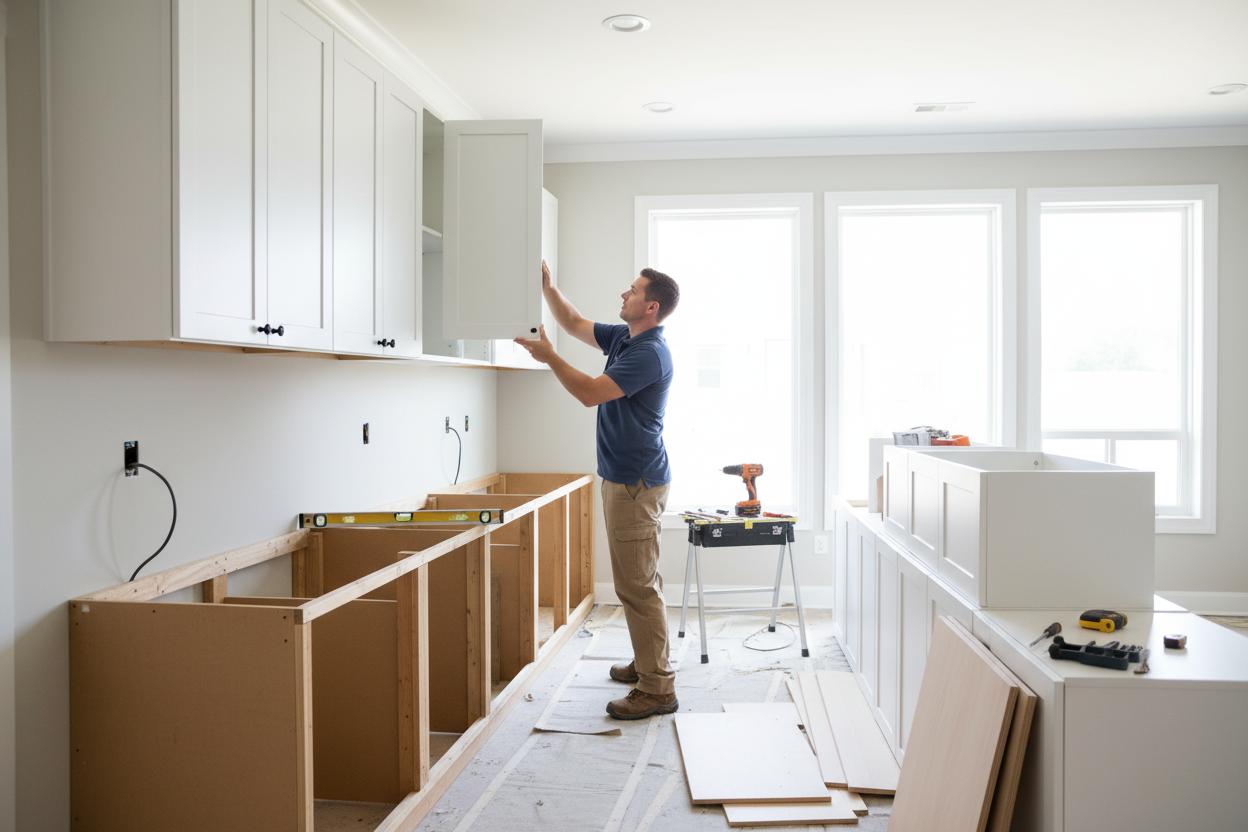 Contractors installing custom kitchen cabinets in a Golden Beach, Florida condo