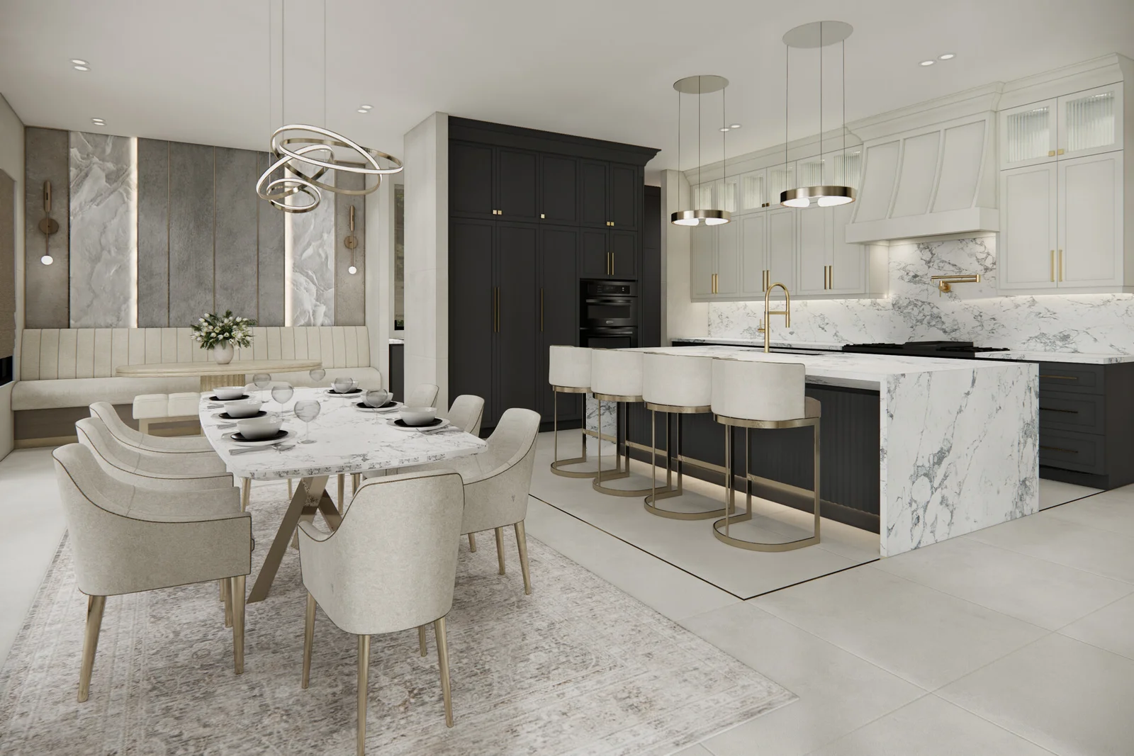 Luxury marble kitchen and dining space built by licensed contractors