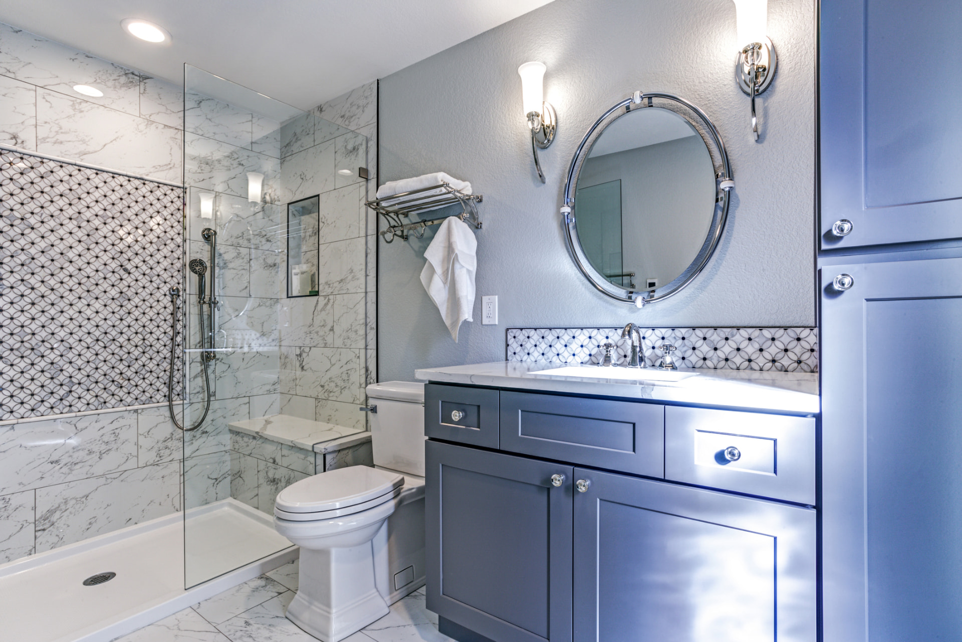 Marble tile bathroom remodel in Aventura, FL