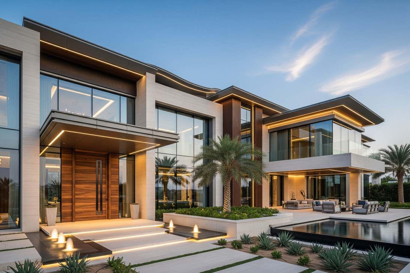 Modern luxury home exterior design at dusk