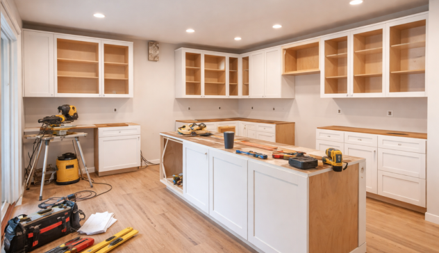 Kitchen mid-installation with new white cabinet boxes and butcher-block counters