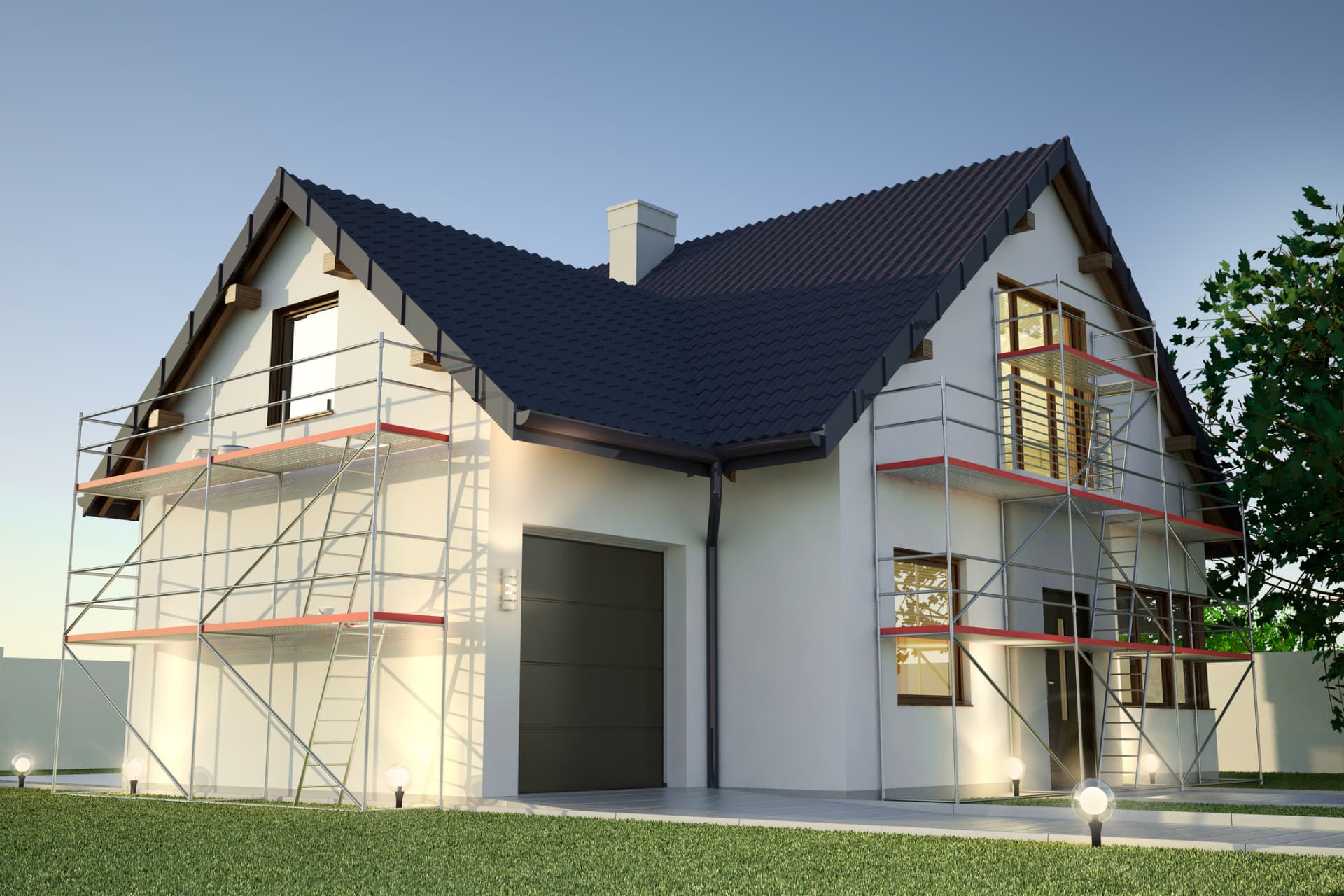 Home exterior renovation with scaffolding in Miami Shores, FL