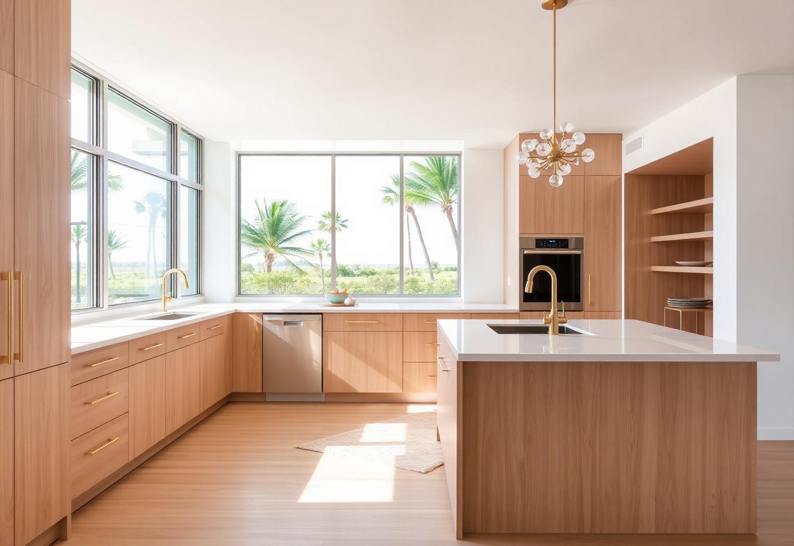 Modern South Florida kitchen remodel with white oak cabinetry and brass fixtures