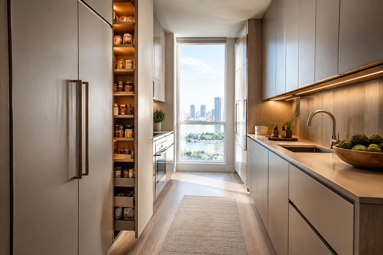 Small kitchen with ceiling-height cabinetry and a pull-out pantry using vertical space