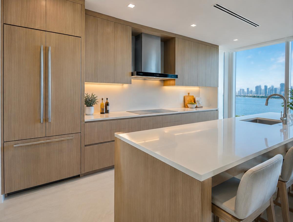 Miami condo kitchen with panel-ready smart refrigerator, induction cooktop, and connected range hood