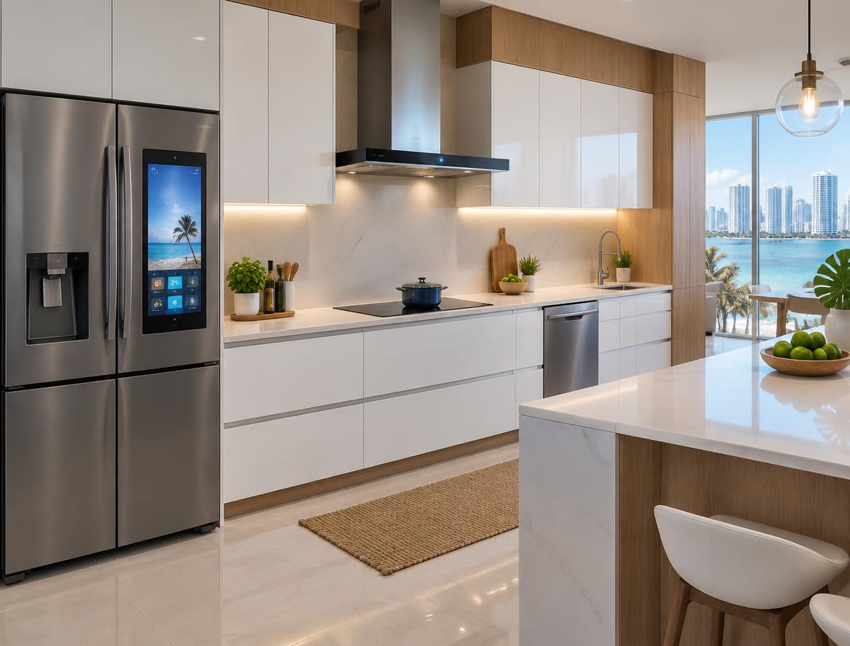 Miami kitchen with smart refrigerator, induction cooktop, connected range hood, and automated lighting