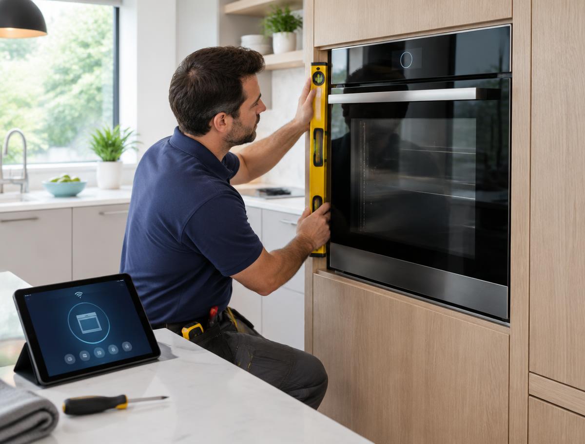 Installer leveling a built-in smart wall oven in custom kitchen cabinetry