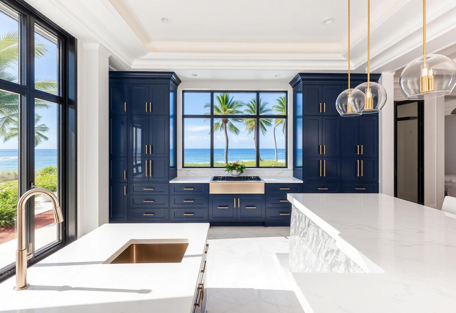 Luxury oceanfront kitchen remodel in South Florida with navy cabinetry and marble island